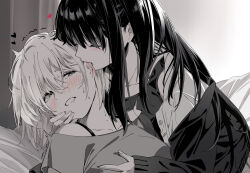 Rule 34 | 2girls, biting, blush, breasts, cardigan, closed eyes, collarbone, commentary, drooling, ear biting, ear blush, grabbing, grabbing another&#039;s breast, greyscale, heart, inoue takina, jacket, large breasts, long hair, looking at another, lycoris recoil, monochrome, mouth drool, multiple girls, neko (yanshoujie), nishikigi chisato, off-shoulder shirt, off shoulder, open cardigan, open clothes, open jacket, open mouth, shirt, short hair, sidelocks, sleeves past wrists, spot color, sweat, symbol-only commentary, tank top, trembling, yuri