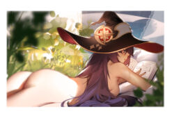 Rule 34 | 1girl, ass, black hat, blue eyes, blurry, book, border, breasts, commentary, completely nude, depth of field, english commentary, from side, genshin impact, hat, highres, hu dako, long hair, lying, medium breasts, mona (genshin impact), nude, on stomach, paid reward available, profile, purple hair, purple nails, reading, sideboob, solo, thighs, wet, white border, witch hat