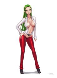 Rule 34 | 1girl, alternate costume, alternate hairstyle, breasts, capcom, green eyes, green hair, groin, highres, hip focus, hybridmink, knees, large breasts, legs, long hair, matching hair/eyes, midriff, morrigan aensland, navel, open clothes, open shirt, pants, shirt, shoes, solo, vampire (game), white background