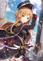 Rule 34 | 1girl, asuna (sao), bag, black cape, black hat, black jacket, blush, braid, breasts, brown eyes, brown hair, buttons, cape, commentary request, cowboy shot, day, double-breasted, duplicate, gabiran, gloves, hat, holding, jacket, long hair, long sleeves, looking at viewer, medium breasts, military, military uniform, outdoors, peaked cap, red cape, smile, solo, sword, sword art online, two-sided cape, two-sided fabric, uniform, weapon, white gloves