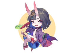 Rule 34 | 1girl, black hair, blue gemstone, blue hair, bob cut, border, chibi, colored inner hair, commentary, cup, eyeshadow, fangs, fate/grand order, fate (series), flat chest, floating, full body, gem, gourd, headpiece, holding, holding cup, horns, japanese clothes, kimono, leg ribbon, looking at viewer, makeup, medium hair, multicolored hair, navel, oni, open clothes, open kimono, open mouth, outline, outside border, purple eyes, purple kimono, red eyeshadow, red ribbon, revealing clothes, ribbon, round border, sakazuki, shisantian, shuten douji (fate), skin-covered horns, sleeves past fingers, sleeves past wrists, smile, solo, symbol-only commentary, white border, white outline, wide sleeves, yellow background