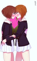 Rule 34 | 2girls, akiyama yukari, anglerfish, arms around waist, blue jacket, blush, brown eyes, brown hair, closed mouth, commentary request, emblem, fish, forehead-to-forehead, from side, girls und panzer, green shirt, hand on another&#039;s arm, heads together, highres, imminent kiss, jacket, long sleeves, looking at another, messy hair, military, military uniform, miniskirt, multiple girls, nishizumi miho, ooarai military uniform, open clothes, open jacket, open mouth, pleated skirt, shirt, short hair, simple background, skirt, sweatdrop, tenpa (mayugezukan), translated, uniform, white background, white skirt, yuri