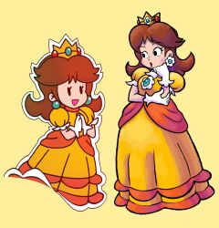 Rule 34 | 2girls, brown hair, crown, donutpastry, dress, dual persona, earrings, flower earrings, gloves, highres, jewelry, long dress, looking at another, mario &amp; luigi rpg, mario (series), masanori sato (style), medium hair, multiple girls, multiple style parody, nintendo, open mouth, orange dress, paper mario, paper mario (style), parody, princess daisy, puffy short sleeves, puffy sleeves, short sleeves, simple background, sphere earrings, style parody, white gloves, yellow background