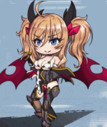 Rule 34 | 1girl, animated, animated gif, bare shoulders, blonde hair, blue eyes, boots, breasts, chibi, costume, demon girl, fake wings, gloves, halloween costume, highleg, highleg leotard, large breasts, leotard, lilith-soft, long hair, lowres, nail polish, one eye closed, onizaki kirara, shiny skin, simple background, smile, solo, taimanin (series), taimanin rpgx, thighs, thong leotard, twintails, wings, wink