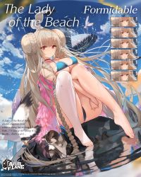 Rule 34 | 1girl, absurdly long hair, ahoge, ass, azur lane, barefoot, bikini, bird, blue bikini, blue sky, blush, braid, breasts, cat, character name, choker, cleavage, cloud, day, dog, double bun, expressions, floating hair, formidable (azur lane), formidable (the lady of the beach) (azur lane), full body, grey hair, hair bun, highres, hugging own legs, kincora, large breasts, logo, long hair, looking at viewer, ocean, official alternate costume, official art, orca, outdoors, own hands together, red choker, red eyes, reflection, ribbon, rock, seagull, side braids, sidelocks, single thighhigh, sitting, sky, solo, splashing, swimsuit, thighhighs, toeless legwear, toes, very long hair, watermark, weibo watermark, wet, white thighhighs, wind