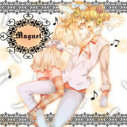 Rule 34 | 1boy, 1girl, bad id, bad pixiv id, bare shoulders, blonde hair, blue eyes, brother and sister, crown, dress, feathers, formal, gloves, green eyes, hair ribbon, headphones, hetero, incest, kagamine len, kagamine rin, legs, magnet (vocaloid), musical note, open mouth, ribbon, short hair, siblings, striped, thighhighs, tsukudato, twincest, twins, vocaloid, wings