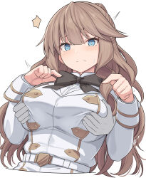 Rule 34 | 1girl, 1other, belt, blue eyes, blush, breasts, brown hair, disembodied limb, fate/apocrypha, fate (series), fiore forvedge yggdmillennia, gloves, grabbing, grabbing another&#039;s breast, jacket, large breasts, long hair, long sleeves, looking at viewer, shiseki hirame, solo focus, white gloves, white jacket