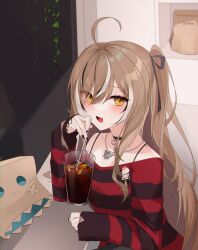 Rule 34 | 1girl, absurdres, ahoge, black nails, black sweater, brown eyes, brown hair, chain necklace, choker, coffee, drinking straw, emo fashion, friend (nanashi mumei), glass, hair over one eye, heart, heart choker, highres, hololive, hololive english, huge ahoge, iced coffee, indoors, jewelry, long hair, looking at viewer, multicolored hair, nanashi mumei, nanashi mumei (emo), necklace, one side up, red sweater, siami, spaghetti strap, streaked hair, striped clothes, striped sweater, sweater, torn clothes, torn sweater, two-tone sweater, very long hair, virtual youtuber, window
