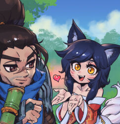 Rule 34 | 1boy, 1girl, :d, ahri (league of legends), animal ears, bamboo, bare shoulders, black hair, brown eyes, brown hair, cloud, collarbone, day, facial mark, fang, fox ears, fox girl, fox tail, hand up, heart, kyuubi, league of legends, long hair, looking at another, off shoulder, open mouth, orange eyes, outdoors, phantom ix row, ponytail, scar, scar on face, scar on nose, slit pupils, smile, tail, teeth, tree, upper teeth only, whisker markings, yasuo (league of legends)