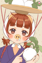 Rule 34 | 1girl, animal crossing, animal ears, blue kimono, blunt bangs, blush, brown eyes, brown hair, brown nails, daisy mae (animal crossing), food, hat, head scarf, highres, holding, holding food, holding vegetable, japanese clothes, kamui (kamuikaoru), kimono, looking at viewer, medium hair, nintendo, object on head, parted lips, personification, pig ears, pig girl, pig nose, runny nose, short twintails, snot, solo, turnip, twintails, upper body, vegetable, white hat