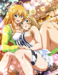 Rule 34 | 2girls, :d, antenna hair, aqua eyes, bare arms, bikini, bracelet, breasts, casual one-piece swimsuit, cleavage, dutch angle, earrings, fang, floating hair, green eyes, green jacket, hair between eyes, holding hands, ikkitousen, interlocked fingers, jacket, jewelry, large breasts, lens flare, light brown hair, long hair, magatama, magatama earrings, miniskirt, multiple girls, one-piece swimsuit, open clothes, open jacket, open mouth, outdoors, siblings, sideboob, sisters, sitting, skirt, smile, sonken chuubou, sonsaku hakufu, sparkle, striped clothes, striped one-piece swimsuit, striped swimsuit, swimsuit, very long hair, white bikini, white skirt