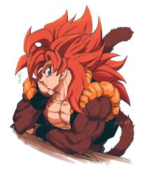 Rule 34 | 1boy, absurdres, biceps, black wristband, blue eyes, body fur, closed mouth, dragon ball, dragon ball gt, gogeta, highres, looking at viewer, male focus, metamoran vest, monkey boy, monkey tail, muscular, muscular male, no nipples, pectorals, red hair, relio db318, simple background, solo, spiked hair, super saiyan, super saiyan 4, tail