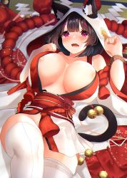 Rule 34 | 1girl, absurdres, animal ear fluff, animal ears, areola slip, azur lane, bell, black hair, blush, breasts, breasts apart, cat ears, cat tail, commentary request, fang, highres, japanese clothes, jewelry, jingle bell, kimono, large breasts, long sleeves, looking at viewer, lying, on back, open clothes, open kimono, open mouth, red eyes, ring, short hair, smile, solo, tail, tail bell, tail ornament, tatami, thighhighs, tsunokakushi, uchikake, wedding band, white thighhighs, wide sleeves, yamaha tsui, yamashiro (azur lane), yamashiro (bridal attack!) (azur lane)