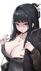 Rule 34 | 1girl, absurdres, black bag, black hair, black jacket, black nails, breasts, cleavage, closed mouth, d (killer wife) (nikke), d (nikke), fingernails, goddess of victory: nikke, hair ornament, hairclip, heart, heart necklace, highres, jacket, jewelry, kurone rinka, large breasts, long hair, looking at viewer, nail polish, necklace, red eyes, ring, simple background, solo, upper body, white background