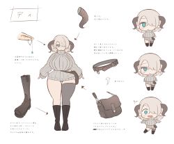 Rule 34 | 1girl, :&lt;, absurdres, bag, black thighhighs, blue hair, blush, boots, character name, character sheet, chibi, chibi inset, earrings, enon1129, full body, hair over one eye, highres, horns, jewelry, long sleeves, medium hair, messenger bag, original, pointy ears, ribbed sweater, shoulder bag, silver hair, simple background, single thighhigh, sleeves past wrists, solo, sweater, thighhighs, turtleneck, turtleneck sweater, white background, wide hips