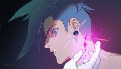 Rule 34 | 1boy, blue eyes, blue hair, close-up, disco ball, earrings, fire, galo thymos, jewelry, male focus, promare, pukun, purple fire, purple pupils, solo, spiked hair