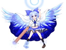 Rule 34 | 1girl, :d, adapted costume, arm cannon, asymmetrical footwear, blue eyes, blue hair, bow, cape, cirno, cosplay, fang, full body, hair bow, highres, ice, ice wings, m/, mismatched footwear, mofu mofu, open mouth, parody, reiuji utsuho, reiuji utsuho (cosplay), short hair, skirt, smile, third eye, touhou, transparent background, weapon, white background, wings