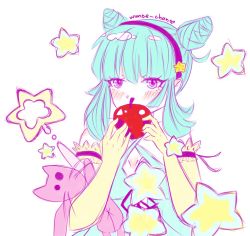 Rule 34 | 1girl, apple, aqua eyes, aqua hair, artist name, babydoll, bare shoulders, blue eyes, blue hair, blush, breasts, elbow gloves, food, fruit, girl (anime expo), gloves, hairband, kami-sama (girl), matching hair/eyes, me!me!me!, mmoe chan, nightgown, short twintails, solo, twintails, yellow gloves