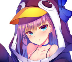 Rule 34 | 1girl, animal costume, blue eyes, blush, choker, close-up, collarbone, fate/grand order, fate (series), hood, hood up, long hair, looking at viewer, meltryllis, meltryllis (fate), meltryllis (swimsuit lancer) (fate), meltryllis (swimsuit lancer) (first ascension) (fate), penguin costume, purple hair, simple background, smile, solo, suteba (grzjkbhgf), white background