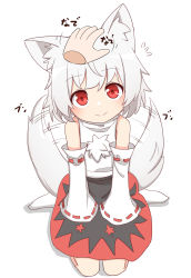Rule 34 | 1girl, animal ears, blush, check commentary, commentary, commentary request, detached sleeves, flying sweatdrops, hand on another&#039;s head, head tilt, headpat, highres, inubashiri momiji, kneeling, looking at viewer, nihohohi, pov, pov hands, red eyes, short hair, simple background, smile, socks, solo, tail, tail wagging, touhou, white background, white hair, white socks, wolf ears, wolf tail