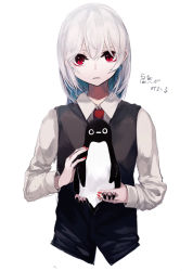 Rule 34 | 1girl, absurdres, animal, bird, black vest, closed mouth, collared shirt, fingernails, grey hair, hair between eyes, highres, holding, holding animal, long hair, nail polish, ogami ren, original, penguin, red eyes, red nails, red neckwear, shirt, simple background, solo, translation request, upper body, vest, white background, white shirt