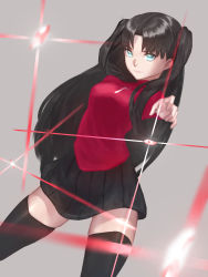 Rule 34 | 1girl, aito, black hair, black skirt, black thighhighs, blue eyes, breasts, closed mouth, fate/stay night, fate (series), highres, long hair, looking at viewer, pleated skirt, simple background, skirt, smile, solo, sweater, thighhighs, tohsaka rin, two side up