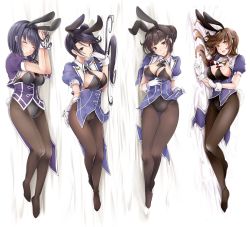 Rule 34 | 4girls, :d, :o, absurdly long hair, adapted costume, akatsuki hijiri, animal ears, arm up, arms up, ashigara (kancolle), black hair, black hairband, black leotard, blush, braid, braided bun, breasts, brown eyes, brown hair, brown legwear, closed eyes, closed mouth, coattails, dakimakura (medium), fake animal ears, fake tail, fang, from above, gloves, haguro (kancolle), hair bun, hair ornament, hairband, head tilt, kantai collection, large breasts, leotard, long hair, looking at viewer, lying, multiple girls, myoukou (kancolle), nachi (kancolle), necktie, on side, open mouth, pantyhose, playboy bunny, ponytail, rabbit ears, rabbit tail, remodel (kantai collection), shiny skin, short hair, short sleeves, shrug (clothing), side ponytail, single hair bun, skin fang, sleeping, smile, tail, very long hair, white gloves, wrist cuffs