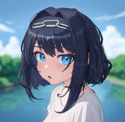 Rule 34 | 1girl, blue eyes, blue hair, blue sky, blurry, blurry background, blush, chain, chain headband, cloud, day, eyelashes, hair between eyes, highres, hippoppo22, hololive, hololive english, lake, looking at viewer, open mouth, ouro kronii, outdoors, shirt, sidelocks, sky, sweat, sweaty clothes, t-shirt, tree, turning head, upper body, virtual youtuber, white shirt
