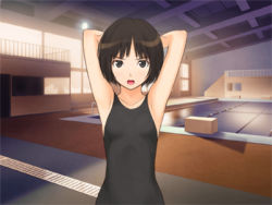 Rule 34 | 1girl, amagami, armpits, arms behind head, arms up, bob cut, brown eyes, brown hair, game cg, lowres, messy hair, non-web source, one-piece swimsuit, pool, short hair, solo, swimsuit, tachibana miya