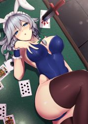 Rule 34 | 1girl, ace (playing card), ace of spades, alternate costume, animal ears, ass, black thighhighs, blue eyes, blush, bow, breasts, card, commentary request, dagger, fake animal ears, floor, green bow, hair between eyes, hair bow, hand on own chest, highres, izayoi sakuya, jack (playing card), jack of spades, joker (playing card), king (playing card), king of spades, knife, large breasts, leotard, looking at viewer, lying, maid headdress, nose blush, on back, parted lips, playboy bunny, playing card, queen (playing card), queen of spades, rabbit ears, short hair, silver hair, sinkai, solo, spade (shape), table, thighhighs, thighs, touhou, weapon, wrist cuffs