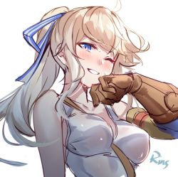 Rule 34 | 1girl, ahoge, aki663, between breasts, blonde hair, blue eyes, blush, breasts, cucouroux (granblue fantasy), granblue fantasy, hair ribbon, medium breasts, one eye closed, ponytail, ribbon, smile, solo, sweat, tank top, white background, work gloves