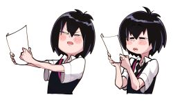 Rule 34 | 1girl, black hair, black necktie, black vest, blush, blush stickers, collared shirt, cropped torso, female focus, highres, holding, holding paper, marvel, necktie, open mouth, paper, peni parker, reading, sequential, shakata (syakatan), shirt, simple background, solo, spider-man: into the spider-verse, spider-man (series), spider-verse, squinting, vest, white background, white shirt
