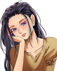 Rule 34 | 1girl, black hair, blue eyes, brown shirt, close-up, closed mouth, commentary, english commentary, eyelashes, frozenover, hair slicked back, hand on own cheek, hand on own face, highres, long hair, looking at viewer, loose hair strand, nico robin, one piece, pink lips, shirt, sidelocks, simple background, solo, upper body, white background