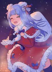 Rule 34 | 1girl, bad link, black thighhighs, blush, bow, capelet, chorefuji, closed eyes, cold, commentary request, dress, fur-trimmed capelet, fur trim, gloves, hair ribbon, highres, holding, holding sack, long hair, long sleeves, night, nose bubble, open mouth, original, outdoors, own hands together, red capelet, red dress, ribbon, sack, snowing, solo, thighhighs