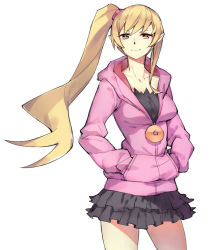 Rule 34 | 1girl, blonde hair, breasts, ge-b, hands in pockets, hood, hooded jacket, jacket, kiss-shot acerola-orion heart-under-blade, long hair, looking at viewer, monogatari (series), no legwear, oshino shinobu, pointy ears, side ponytail, simple background, skirt, smile, solo, white background, yellow eyes
