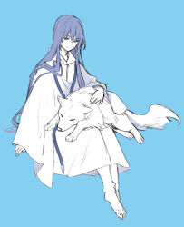 Rule 34 | 1other, animal, animal on lap, barefoot, blue background, closed mouth, enkidu (fate), fate/strange fake, fate (series), hair between eyes, hood, hood down, isshoku (shiki), long hair, long sleeves, on lap, petting, simple background, sitting, smile, wide sleeves, wolf, wolf (fate)