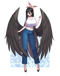 1girl absurdres alternate_costume black_choker black_footwear black_hair black_wings blue_archive blush breasts choker cleavage closed_mouth collarbone contrapposto denim feathered_wings full_body hair_between_eyes halo hand_up hasumi_(blue_archive) high_heels highres hoze huge_breasts jeans large_breasts large_wings light_frown long_hair looking_at_viewer low_wings midriff mole mole_under_eye navel pants red_halo shade shirt short_sleeves simple_background solo standing stomach sweat t-shirt tsurime very_long_hair w_arms white_background white_shirt wings