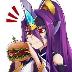 Rule 34 | 1girl, backless dress, backless outfit, bare shoulders, blazblue, breasts, burger, commission, detached sleeves, dootmoon, dress, eating, food, forehead protector, hades izanami, hair between eyes, hamburger steak, headgear, holding, holding food, horns, long hair, mikado (blazblue), olive, ponytail, portrait, purple hair, red eyes, sandwich, simple background, single horn, small breasts, solo, tomato, very long hair, wavy mouth, white background