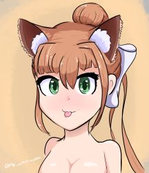 Rule 34 | :p, animal ear fluff, animal ears, artist name, blunt bangs, blush, bow, breasts, brown hair, cleavage, closed mouth, doki doki literature club, green eyes, hair between eyes, hair bow, hair bun, hair intakes, highres, looking at viewer, medium breasts, monika (doki doki literature club), nude, shiny skin, short hair, sidelocks, simple background, single hair bun, theartistaurora, tongue, tongue out, twitter username, upper body, white bow, wolf ears, wolf girl, yellow background