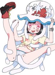 Rule 34 | 1girl, absurdres, beanie, black hair, blue panties, blush, blush stickers, bracelet, breasts, breath, cameltoe, collarbone, consensual tentacles, creatures (company), female focus, floral print, frottage, game freak, gen 7 pokemon, hands up, happy, hat, heart, heart-shaped pupils, held up, highres, holding, ikuta semi, interspecies, jewelry, kneepits, legs up, looking down, navel, nihilego, nintendo, open mouth, panties, poke ball symbol, poke ball theme, pokemon, pokemon (creature), pokemon sm, pokephilia, pussy juice, red eyes, red footwear, red headwear, selene (pokemon), shirt, shoes, short hair, short sleeves, simple background, small breasts, smile, spread legs, stomach, striped clothes, striped panties, sweat, symbol-shaped pupils, tentacles, tied shirt, transparent, ultra beast, underwear, wet, wet clothes, wet panties, white background, yellow shirt