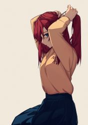 Rule 34 | 1girl, adjusting hair, arms up, blue eyes, blue skirt, brown sweater, character request, check character, daliyang, from side, highres, long hair, long skirt, long sleeves, looking at viewer, neon genesis evangelion, pleated skirt, profile, red hair, simple background, sitting, skirt, solo, souryuu asuka langley, sweater, sweater tucked in, tying hair