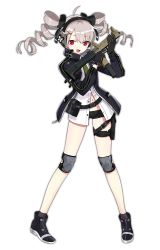 Rule 34 | 1girl, belt, drill hair, folding gun, full body, girls&#039; frontline, gloves, gun, gyaku tsubasa, hair ornament, hairclip, headphones, holster, jacket, knee pads, looking at viewer, machine gun, navel, official art, open mouth, pp-90, pp-90 (girls&#039; frontline), red eyes, shorts, silver hair, solo, standing, submachine gun, thigh holster, thighs, tongue, transforming weapon, trigger discipline, twintails, weapon, white background