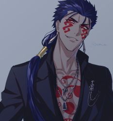 Rule 34 | 1boy, bad id, bad twitter id, beads, blue hair, bodypaint, chain, chain necklace, cu chulainn (fate), cu chulainn (fate) (all), cu chulainn (fate/stay night), cu chulainn alter (fate), cu chulainn alter (fate/grand order), earrings, facepaint, fate/grand order, fate (series), grin, hair beads, hair ornament, hikaru (asteriskring), jacket, jewelry, lancer, long hair, male focus, necklace, open clothes, open jacket, pin, ponytail, red eyes, sharp teeth, smile, solo, spiked hair, teeth, twitter username, type-moon