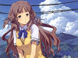Rule 34 | 10s, 1girl, ano natsu de matteru, blue sky, blush, bow, bowtie, breasts, brown eyes, brown hair, building, cable, cloud, female focus, hair ribbon, highres, house, kitahara mio, long hair, looking at viewer, mountain, outdoors, parted lips, power lines, ribbon, scenery, school uniform, shirt, short sleeves, sky, solo, sweater vest, uniform, uon taraku, upper body, vest, wallpaper