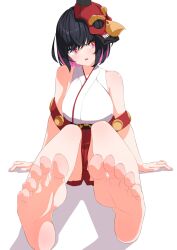 Rule 34 | 1girl, barefoot, black hair, blush, feet, godai 01, highres, looking at viewer, medium hair, open mouth, red eyes, soles, toes