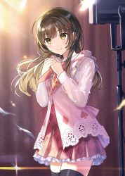 Rule 34 | 1girl, ahoge, black thighhighs, blush, brown eyes, brown hair, closed mouth, cowboy shot, frilled jacket, frilled skirt, frills, hair between eyes, hair ribbon, highres, holding, holding jewelry, holding necklace, jacket, jewelry, looking to the side, necklace, necktie, original, pink jacket, plaid, plaid skirt, pleated skirt, red skirt, ribbon, sidelocks, skirt, smile, solo, standing, tan (tangent), thighhighs