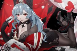 Rule 34 | 1girl, ace (playing card), ace of hearts, ankle bow, ankle ribbon, ass, asymmetrical gloves, azur lane, black dress, black footwear, black gloves, black hat, black pantyhose, blue hair, bodystocking, bow, breasts, card, cleavage, cleavage cutout, clothing cutout, dress, elbow gloves, forked tongue, full body, gloves, hat, heart, high heels, highres, holding, holding card, horns, large breasts, leg ribbon, long hair, looking at viewer, lost-phews, lying, marco polo (azur lane), microdress, mismatched gloves, on stomach, pantyhose, playing card, red eyes, ribbon, shoes, solo, thighs, tongue, white gloves