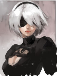 Rule 34 | 1girl, back cutout, black blindfold, black hairband, blindfold, blush, breasts, cleavage, cleavage cutout, clothing cutout, covered eyes, dress, hair ornament, hairband, juliet sleeves, junny, large breasts, long sleeves, looking at viewer, mole, mole under mouth, nier:automata, nier (series), puffy sleeves, simple background, solo, upper body, white background, 2b (nier:automata)