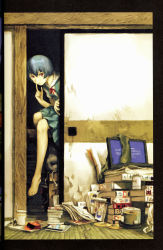 Rule 34 | 1girl, abe yoshitoshi, absurdres, ayanami rei, barefoot, blue hair, blue screen of death, book, cd, computer, feet, german text, highres, laptop, messy room, neon genesis evangelion, red eyes, school uniform, short hair, solo, toes