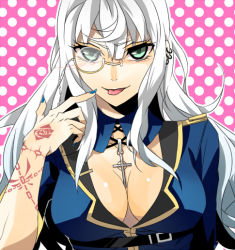Rule 34 | 1girl, :p, bad id, bad pixiv id, breasts, cleavage, cross, cross necklace, earrings, green eyes, jewelry, large breasts, long hair, monocle, nail polish, necklace, original, shadowfire, solo, tattoo, tongue, tongue out, uniform, white hair